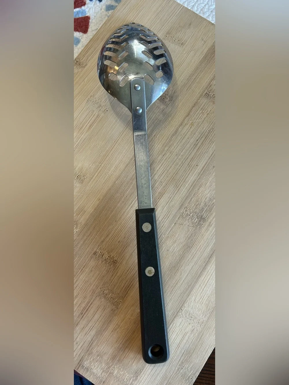 Vintage EKCO Forge Stainless Slotted Metal Spoon Strainer Utensil Black Handle.
